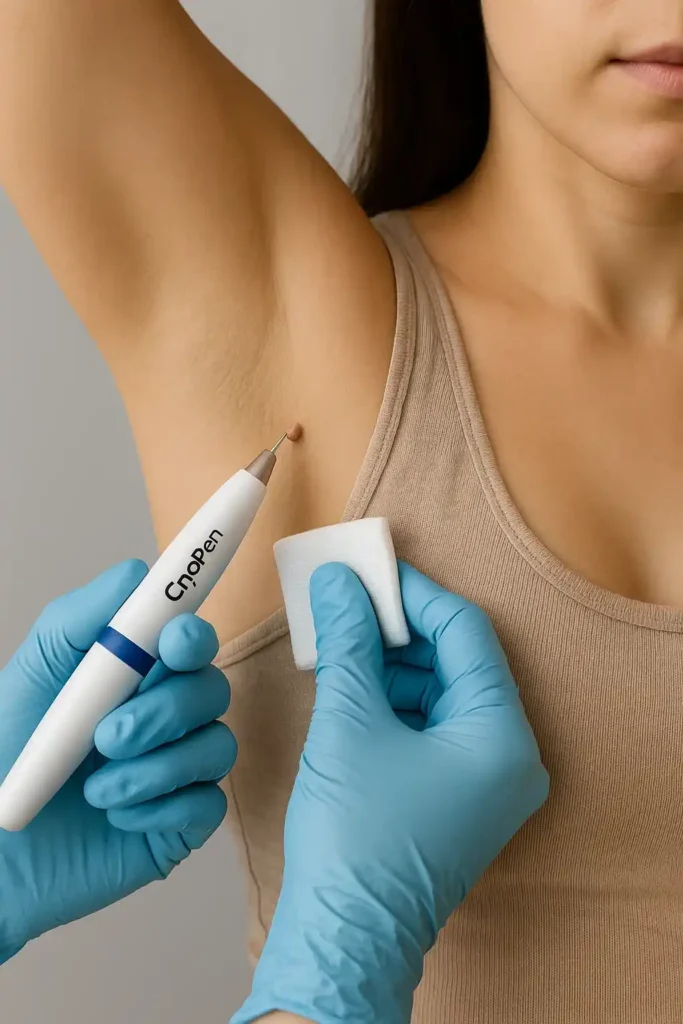 woman having cryopen to remove underarm skin tags Basingstoke
